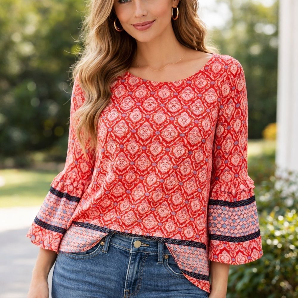 Unbranded Top Tangerine orange peach 3/4 sleeve  Back Bow orange navy cream L